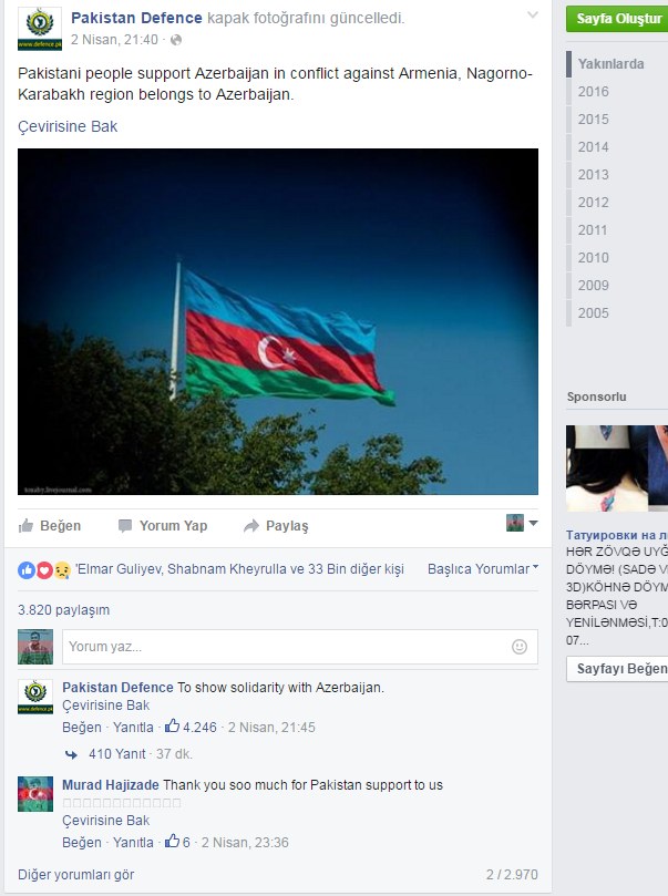 Pakistan ordusundan Azərbaycana mənəvi dəstək