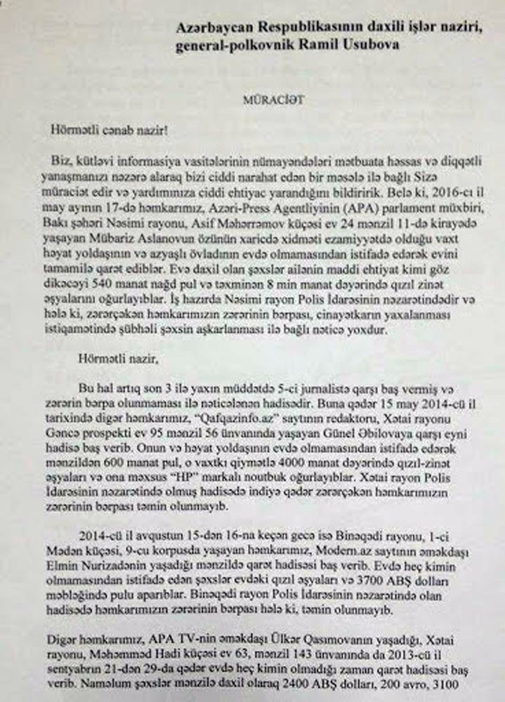 Jurnalistlərdən Ramil Usubova -  Müraciət