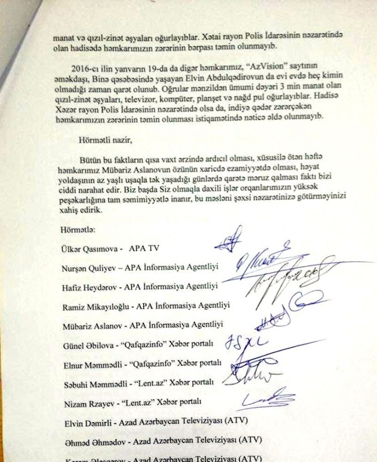 Jurnalistlərdən Ramil Usubova -  Müraciət