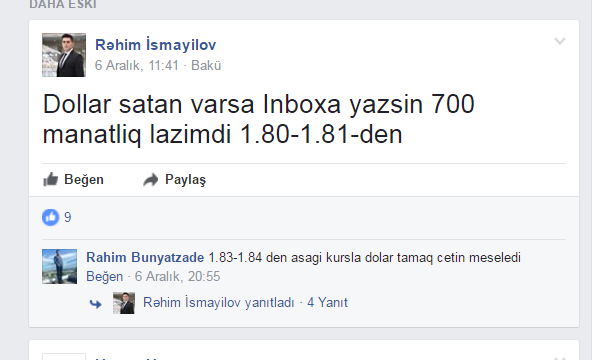 Feysbukda  dolların “qara bazar”ı yaradılıb